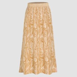 Midi-Length Skirt, Gold & Cream with Metallic Details & Leaf Print, Stretch